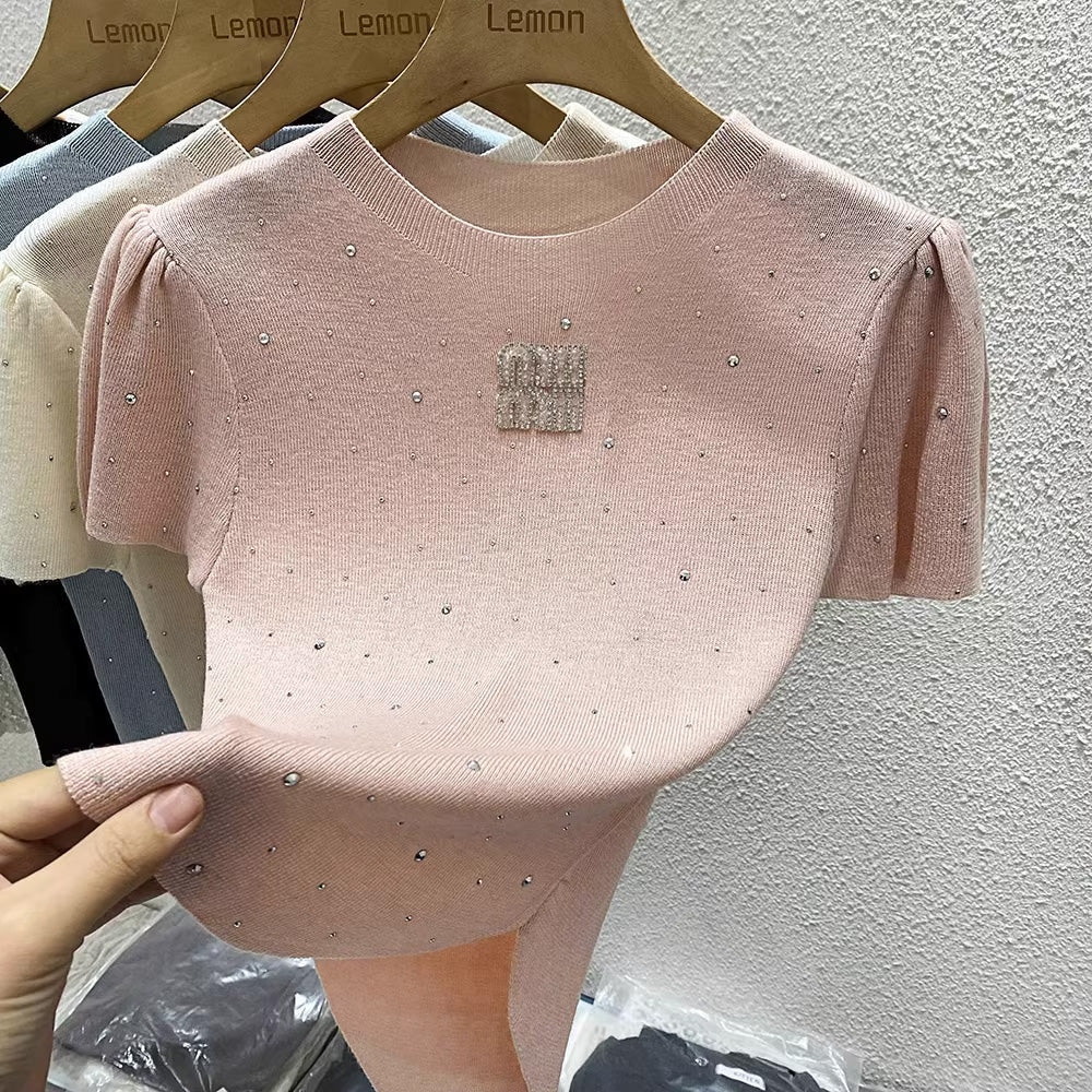 【tops】4色半袖ニットTシャツF7867