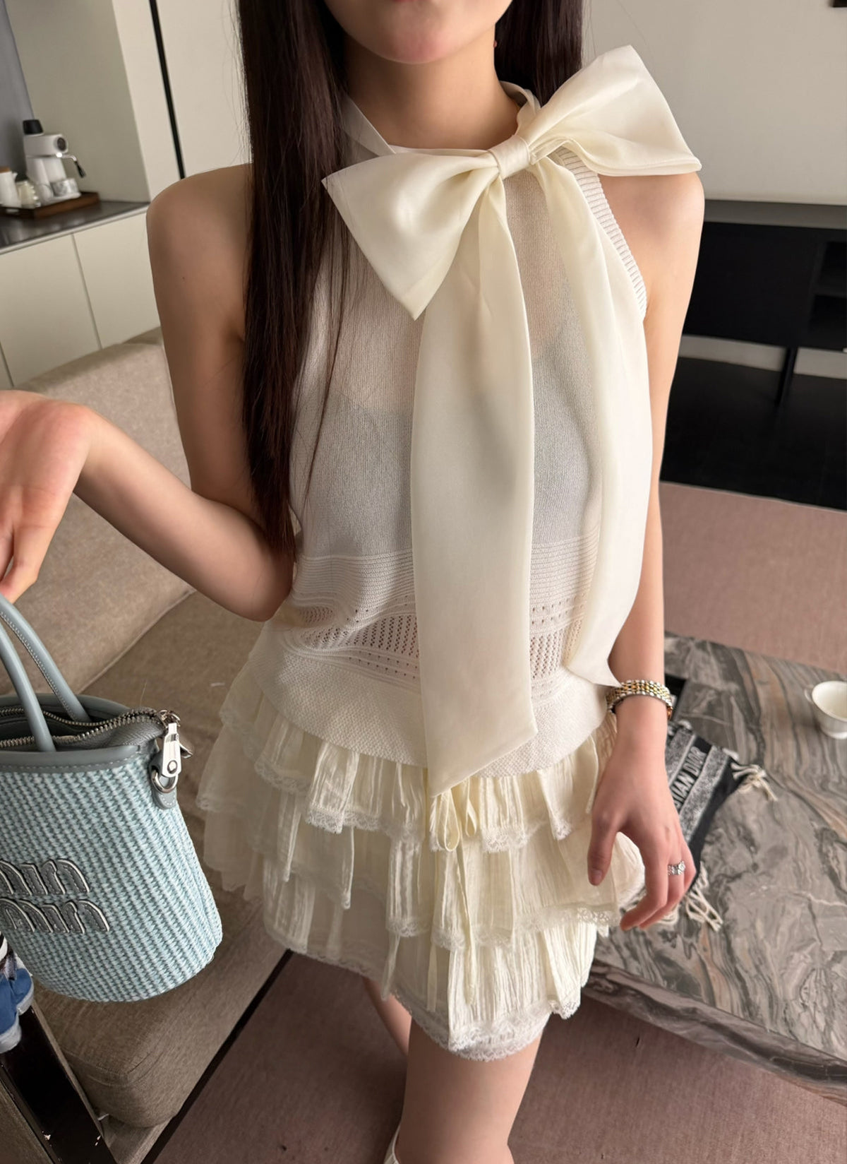 【tops】リボン付きノースリーブニットトップス Q8775