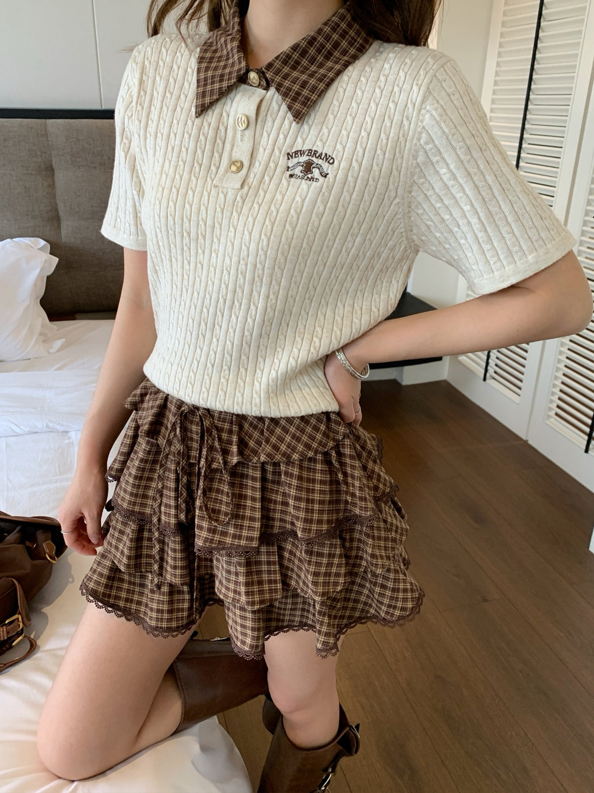 【tops】チェック柄ネックニットポロシャツ Q8947