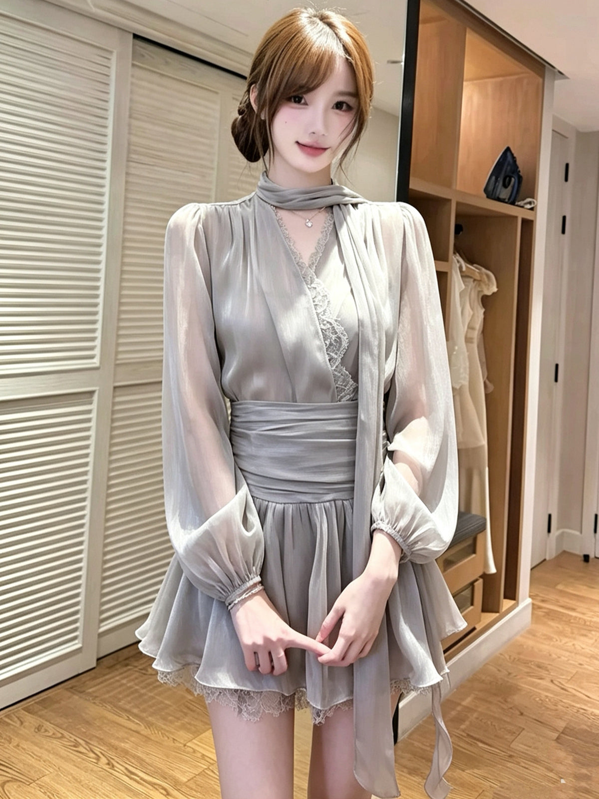 【set】レースドッキングブラウス×ミニスカートセット Q8898