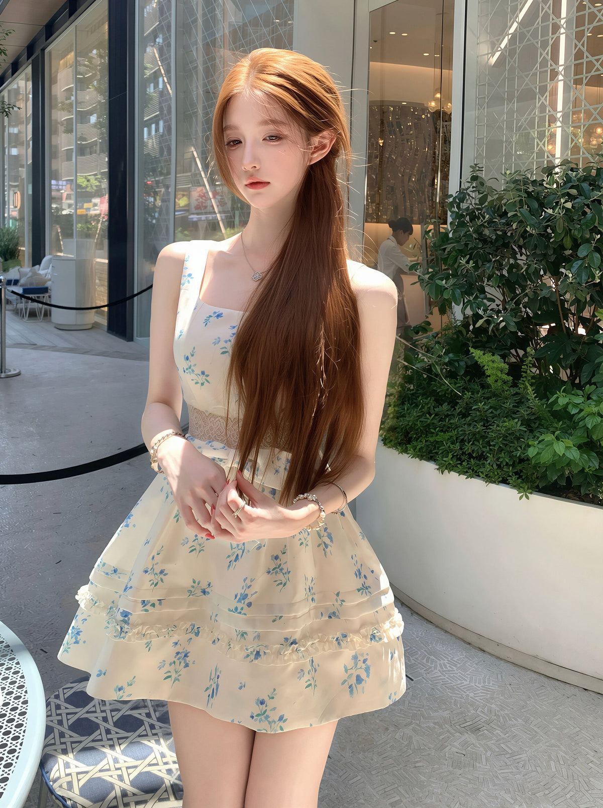【dress】フラワー柄レースドッキングワンピース Q8757