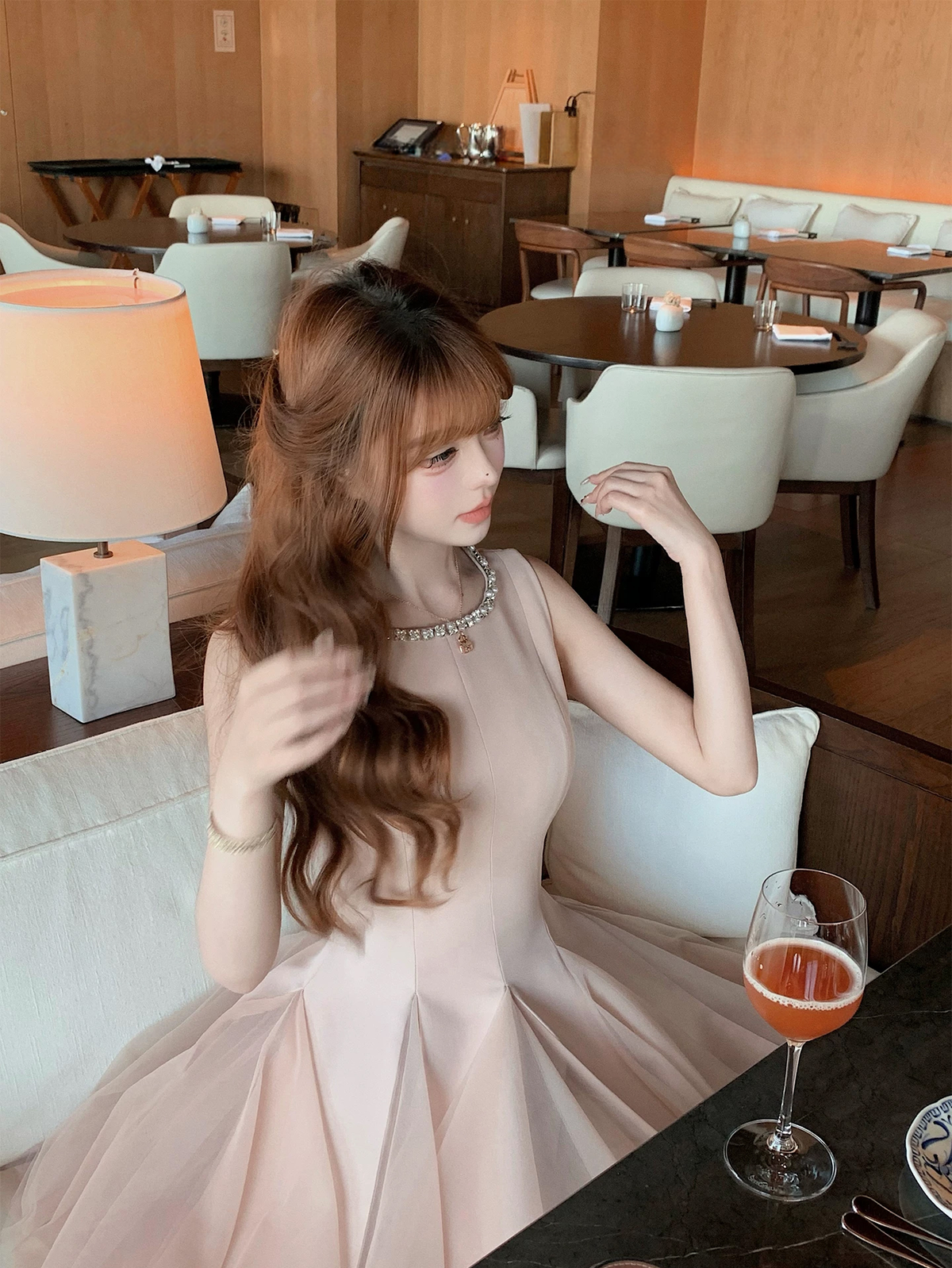 【dress】 ラインストーン付きノースリーブチュールドッキングフレアワンピース Q8881