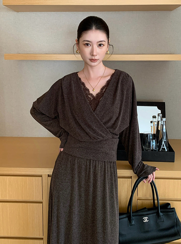 【set】レースドッキングトップス×ロングスカートセット Q8927
