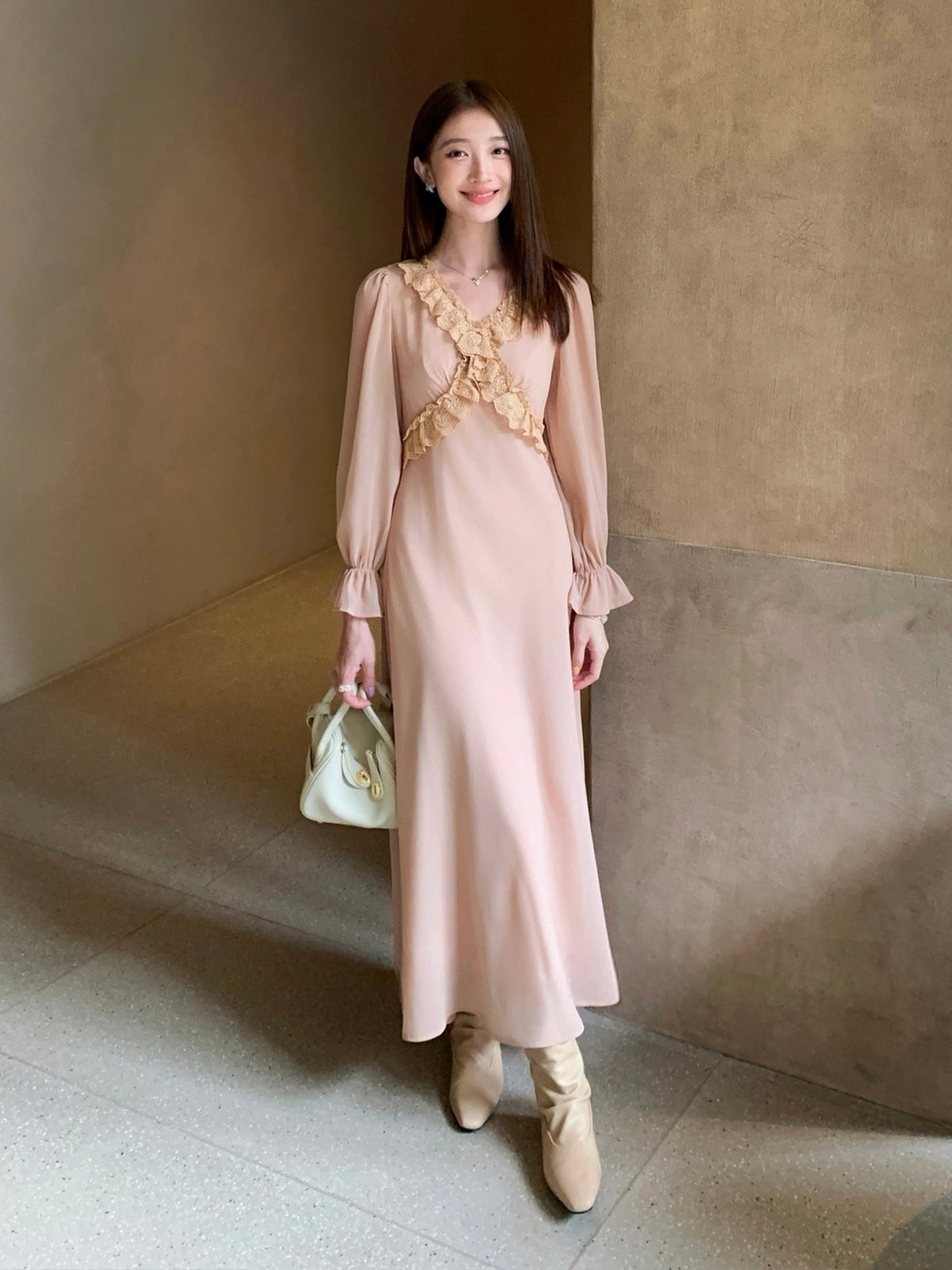 【dress】ギャザーフリルロングワンピース Q8933