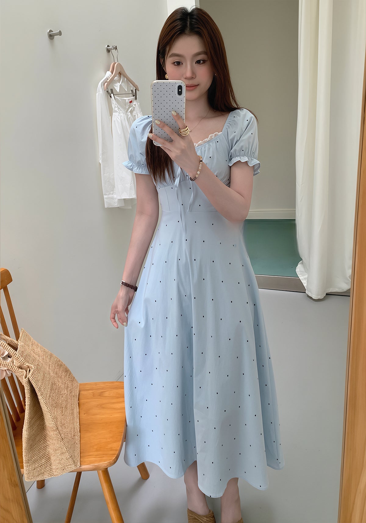 【dress】ドット柄レースドッキングロングワンピース Q8754