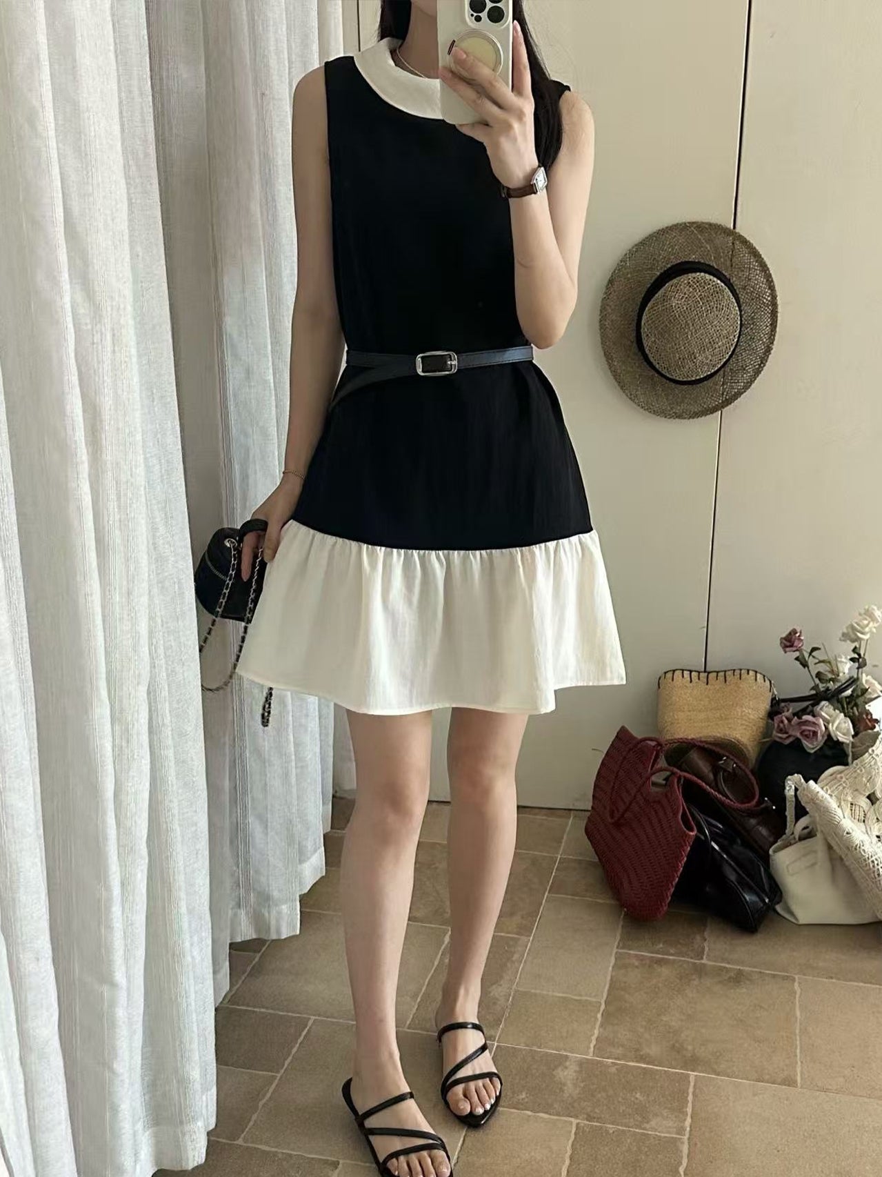 【dress】ノースリーブ襟付き配色ワンピース Q8712