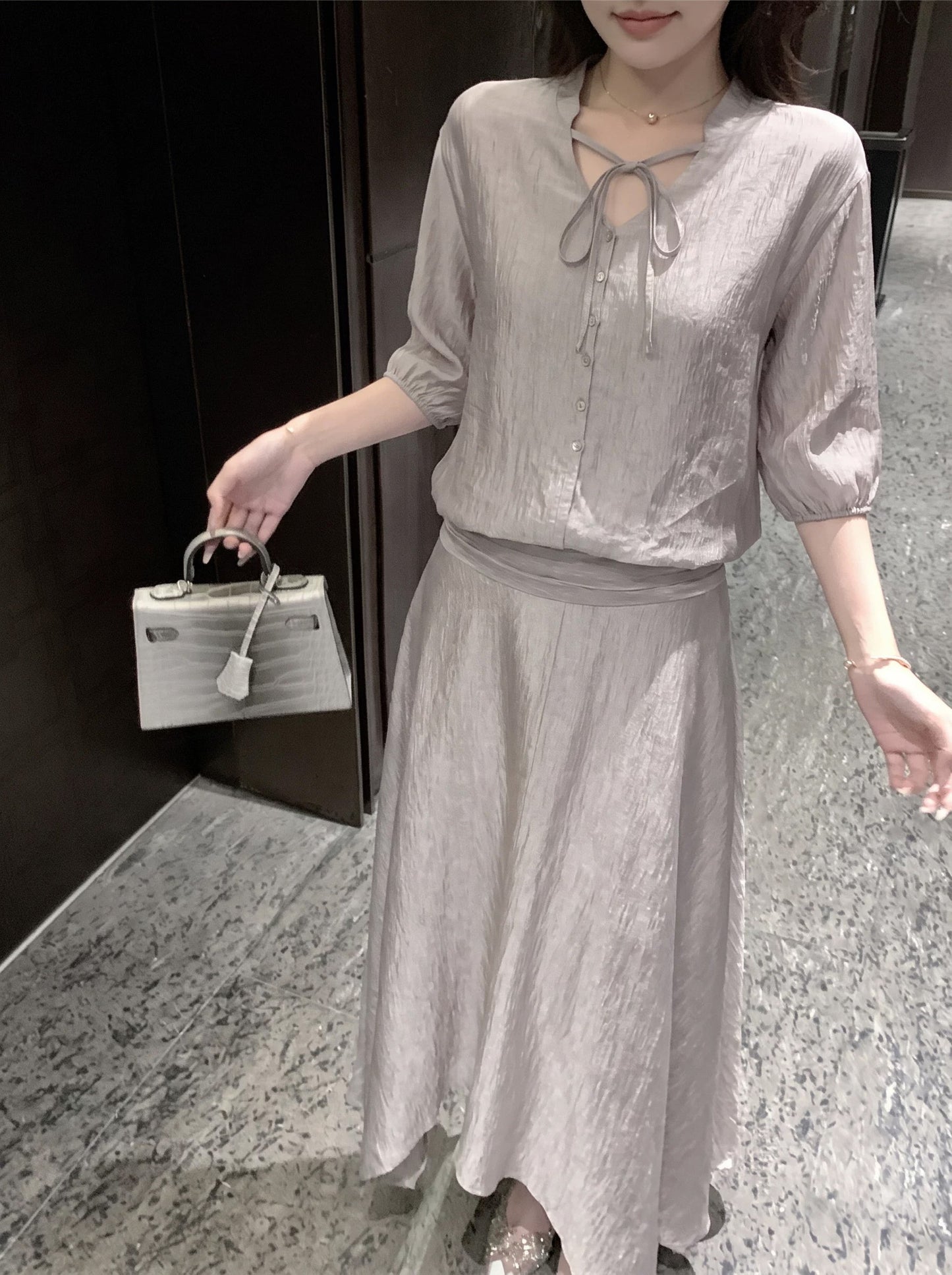 【dress】七分袖リボン付きワンピース Q8917