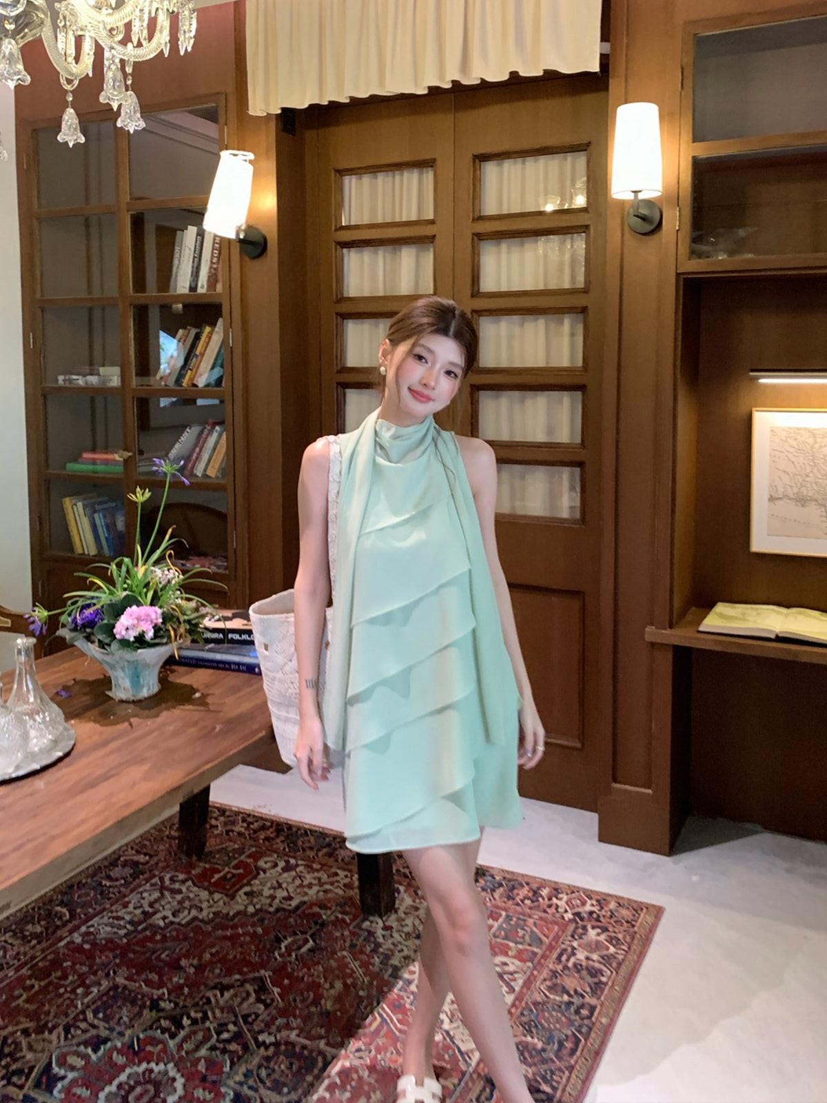【dress】 スカーフネックシフォンティアードワンピース Q8882