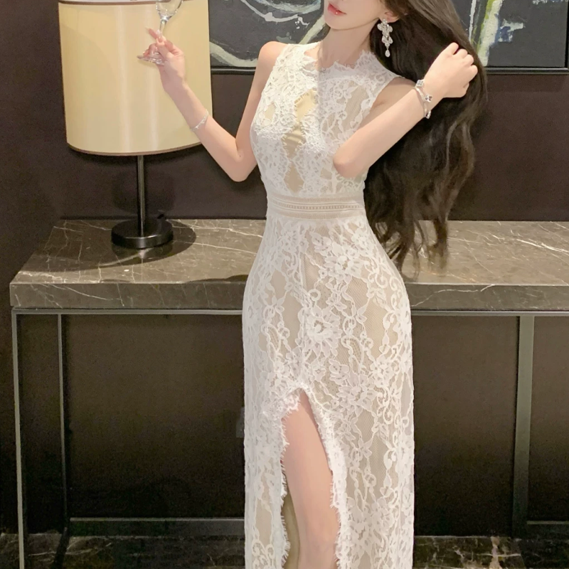 【dress】バックオープンスリットレースワンピース　M32516