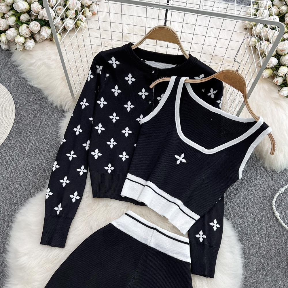 【set】長袖カーディガン＋タンクトップ+ガウチョパンツニット3点セットF7986