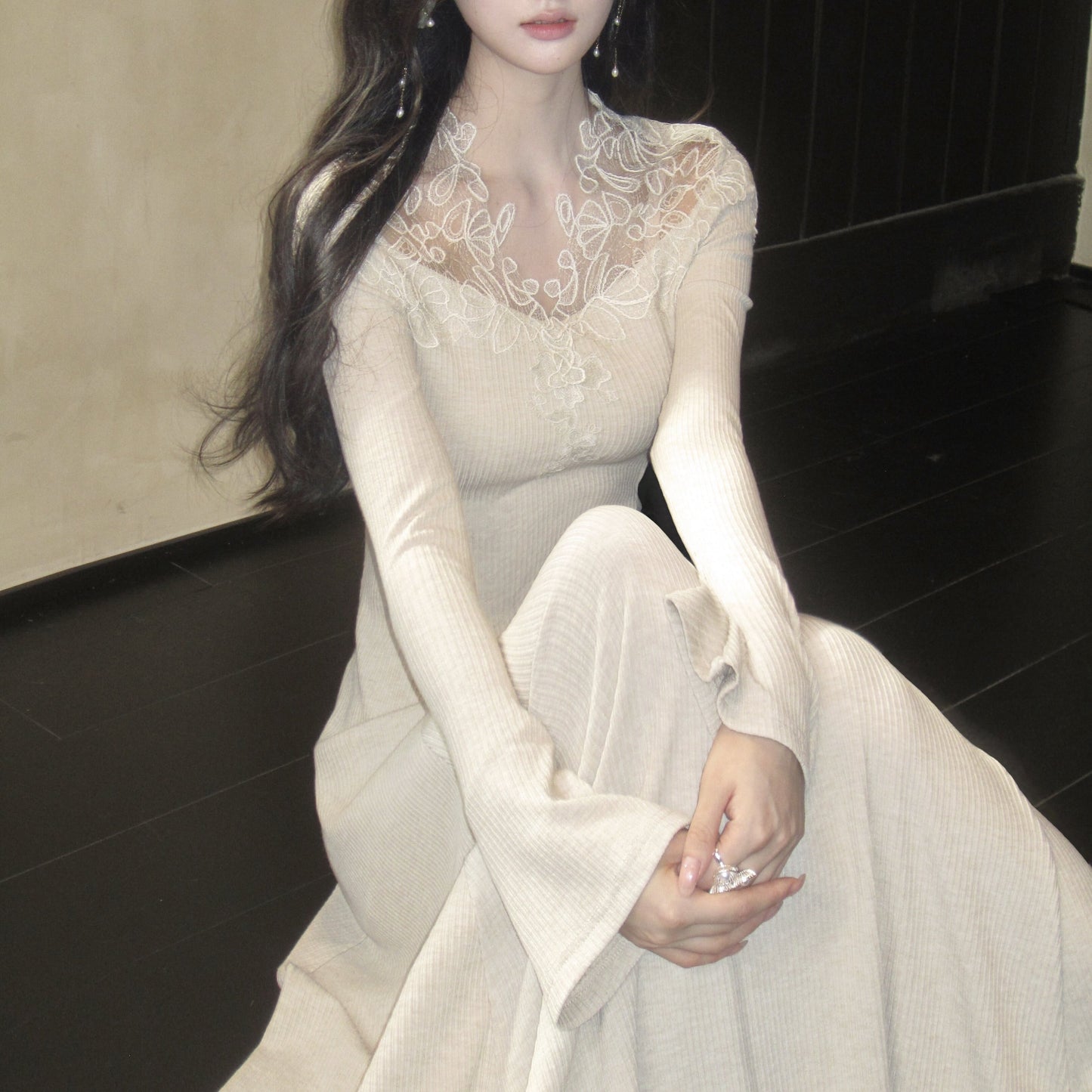 【dress】レーストリミングニットワンピース　N3392