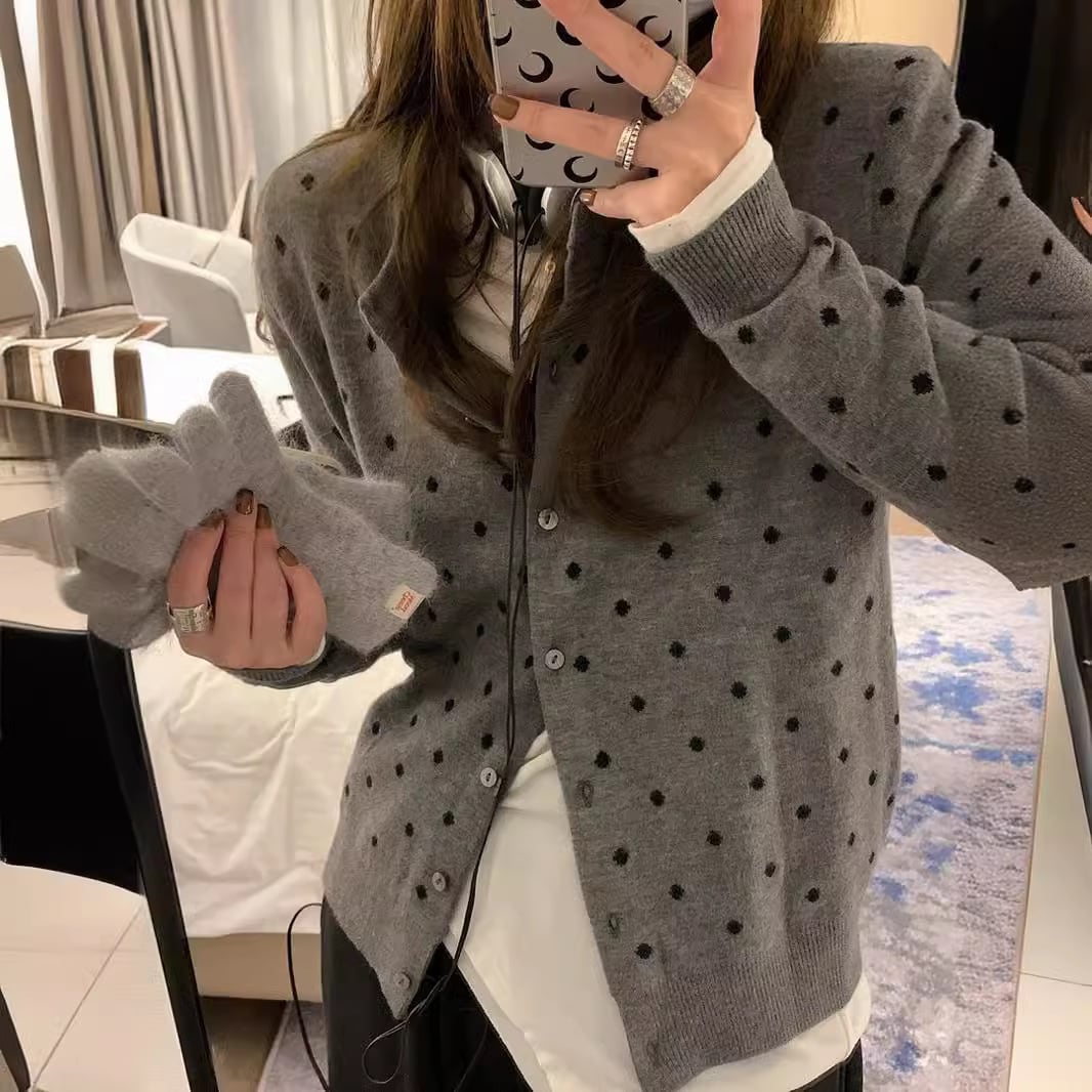 【outer】ドット柄ニットカーデ　M25596