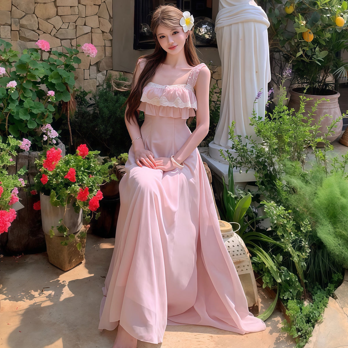 【dress】レースドッキングフリルロングワンピース　N3557