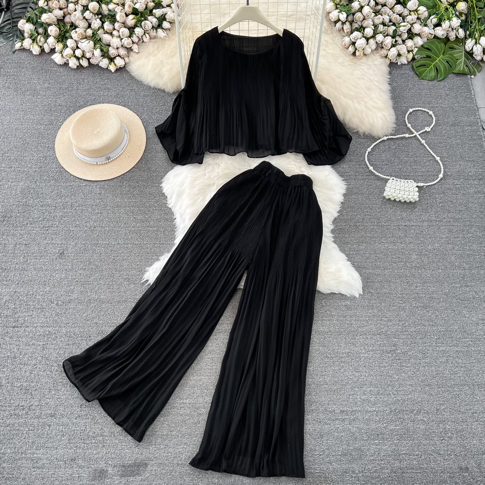 【set】シフォントップス+ガウチョパンツ２点セットG20355