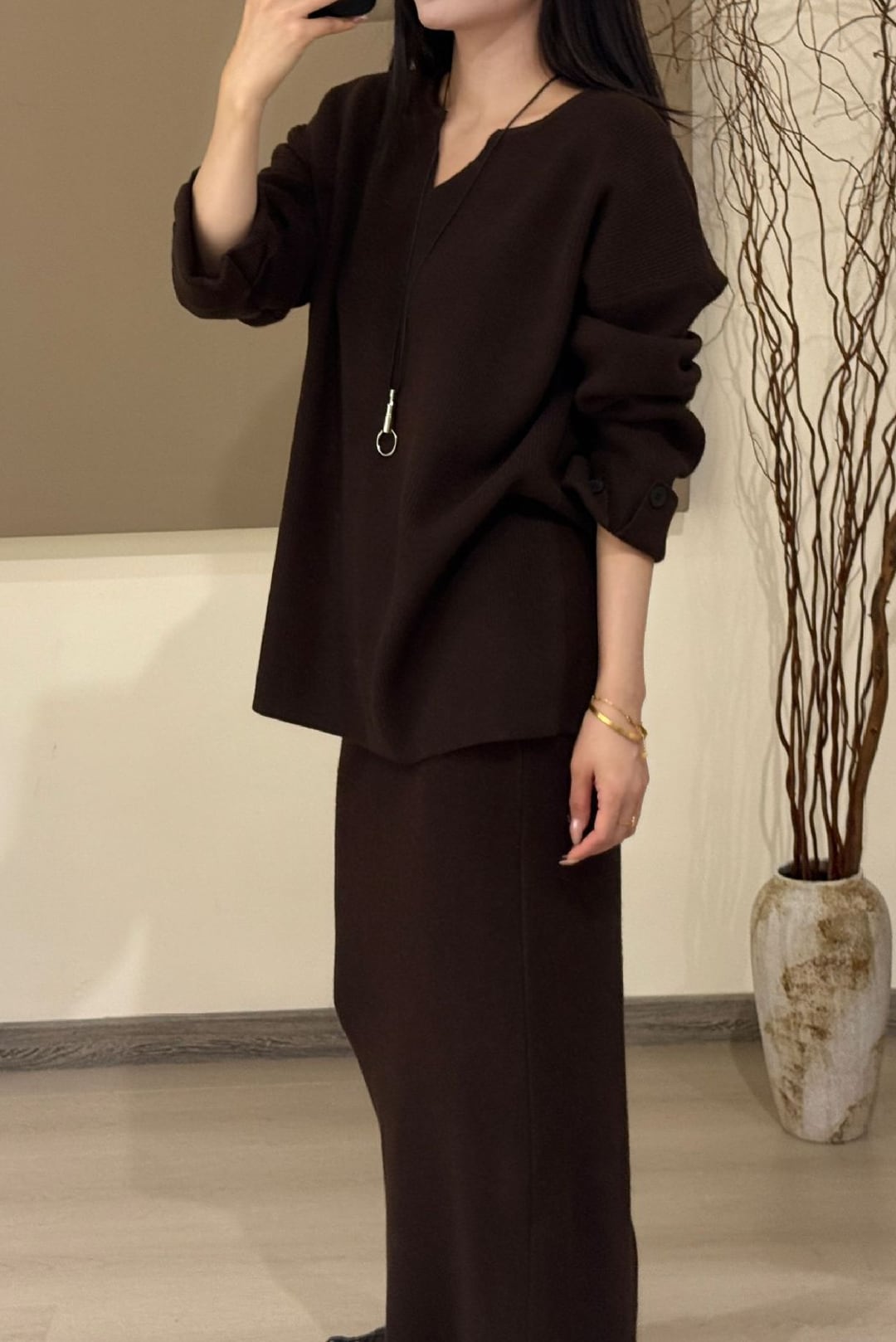 【set】Vネックニットトップス×ロングスカートセット Q7439