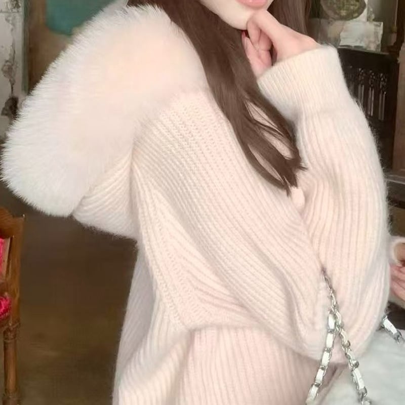 【outer】ファー付きニットカーディガン Q7062