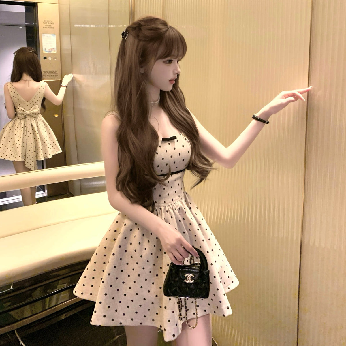 【dress】バックリボンドット柄ミニワンピース　M30198