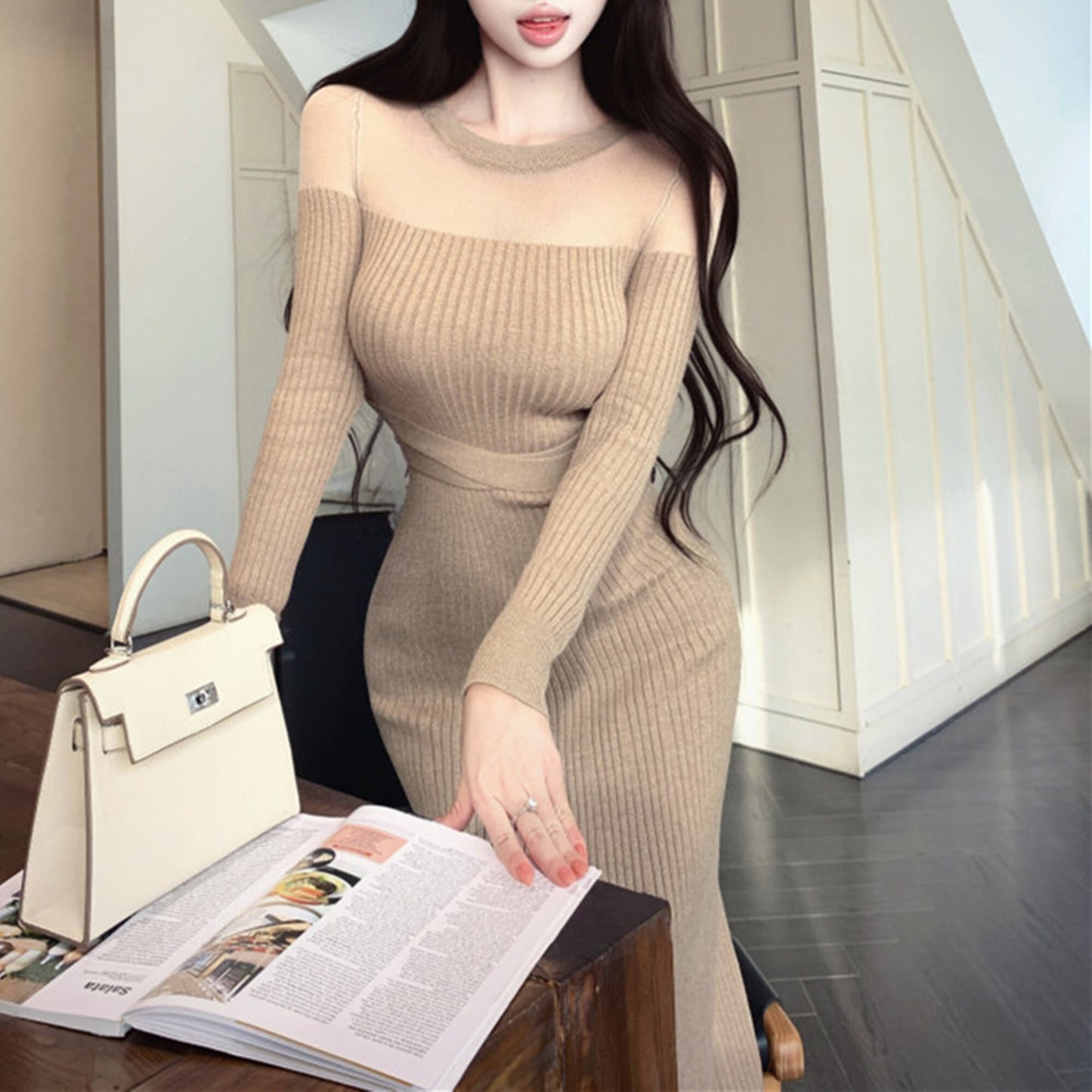 【dress】透け感マーメイドニットワンピース　N3517