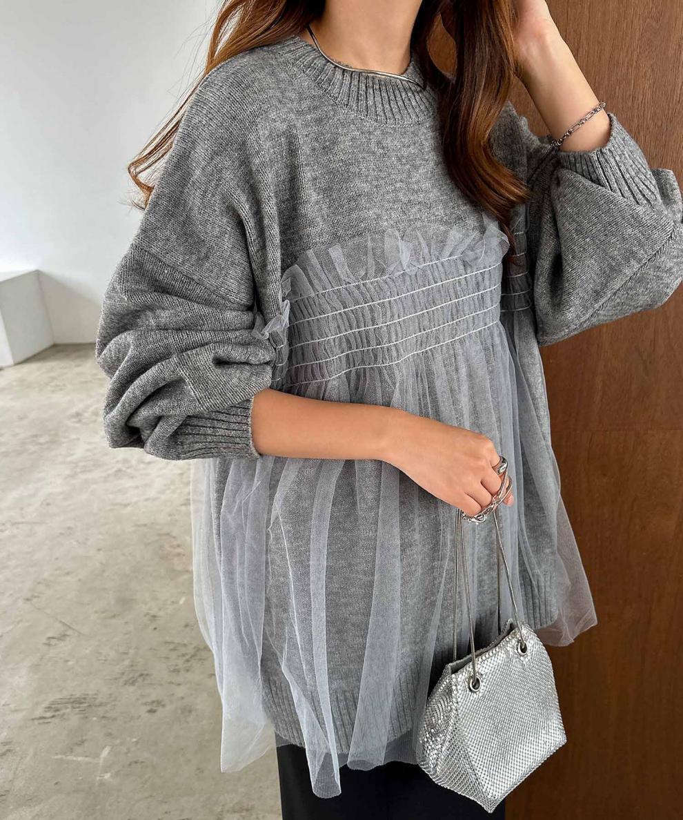 【tops】チュールドッキングニットセーター　M25563