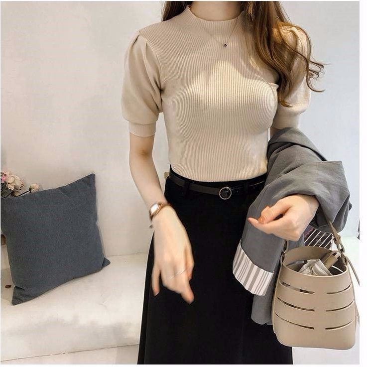 【tops】気質溢れる♪ハーフネック半袖ファッション無地着回し着やせニット