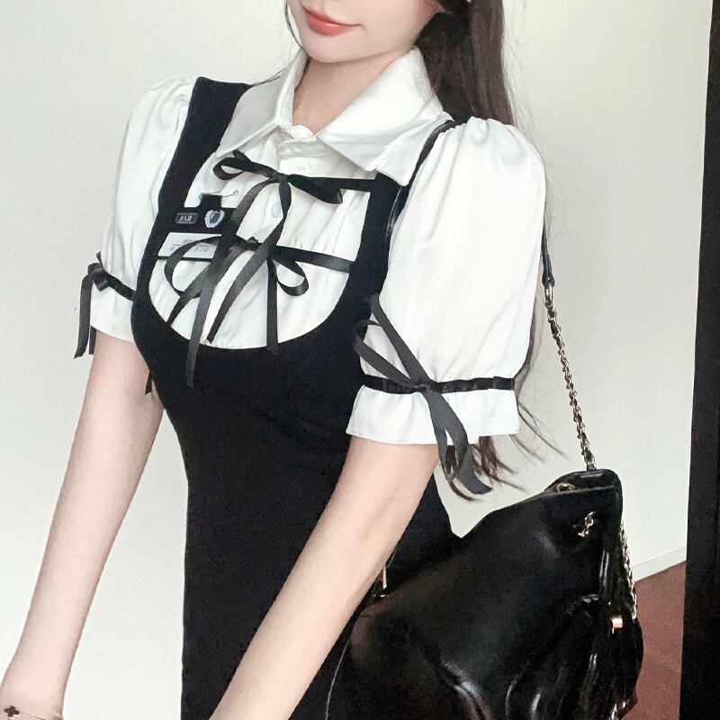 【dress】リボン付きフェイクレイヤードワンピース Q8415