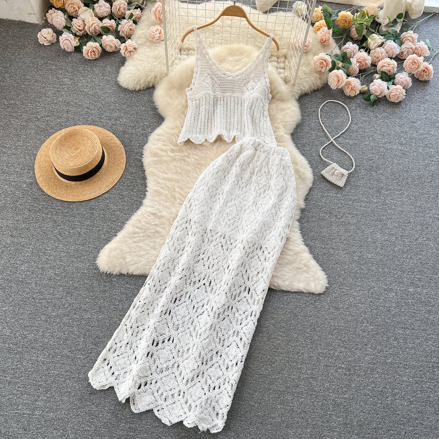 【set】キャミソール+スカート透かし彫り2点セットF7518