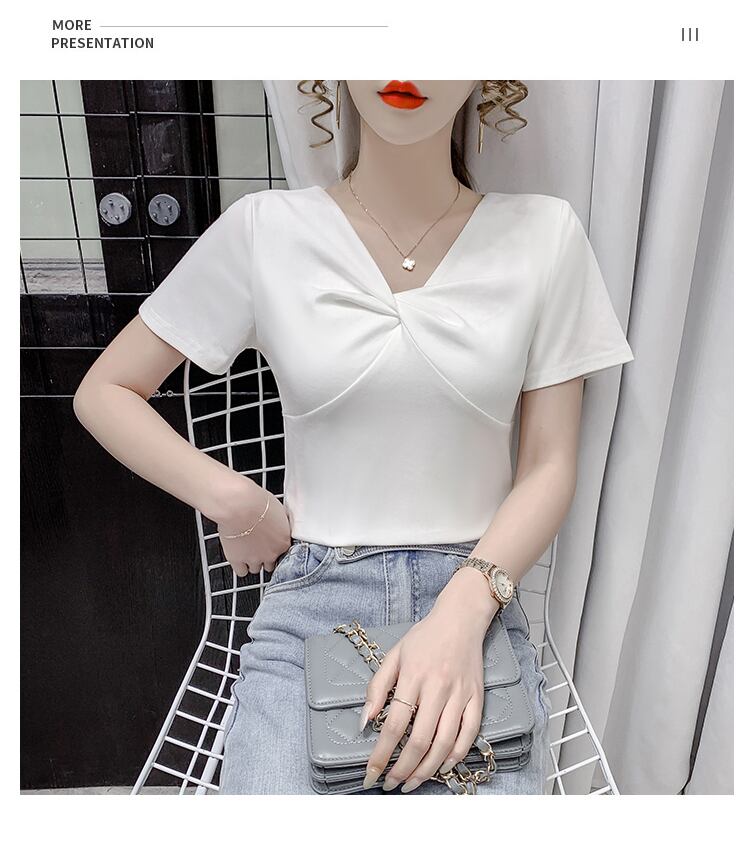 【tops】2色Vネック半袖ファッション無地着回しブラウスF0154