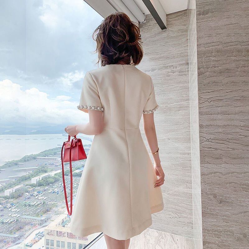 【dress】美人度アップラウンドネック半袖ビーズ飾り無地韓国ファッションワンピースF5030