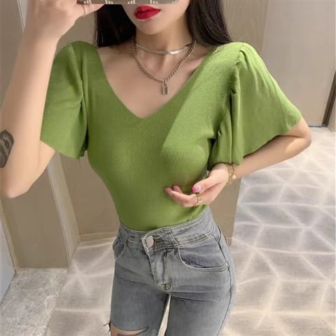 【tops】4色フレアスリーブニットＴシャツF7516