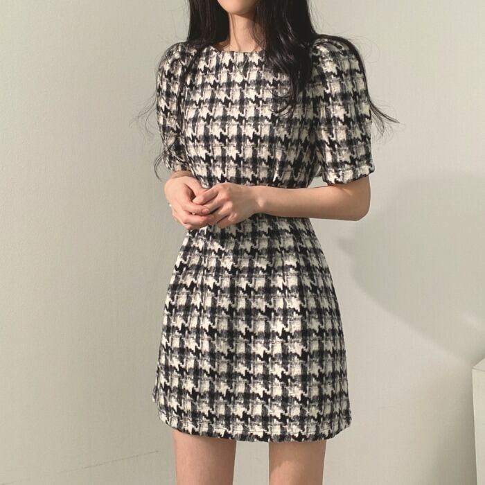 【dress】好感度UP!気質満点デザインフランス風デザインパフスリーブ着痩せワンピース G6962