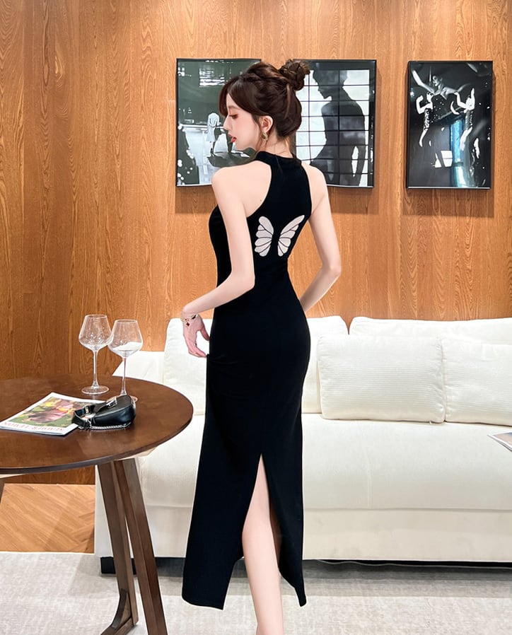 【dress】蝶柄ノースリーブロングワンピース Q8188