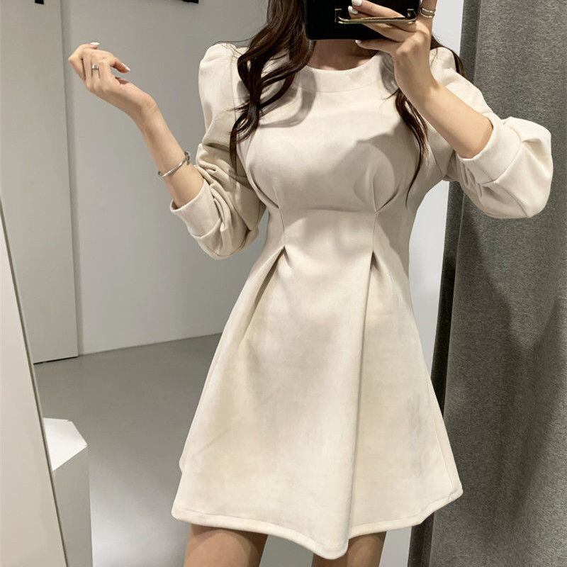 【dress】オシャレ度満点〜2色長袖ラウンドネックAライン韓国ファッション無地秋冬新作ワンピースF0786