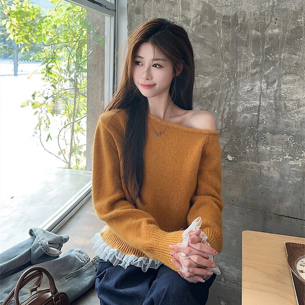 【tops】オフショルダーレース切り替えニットセーター　M28799