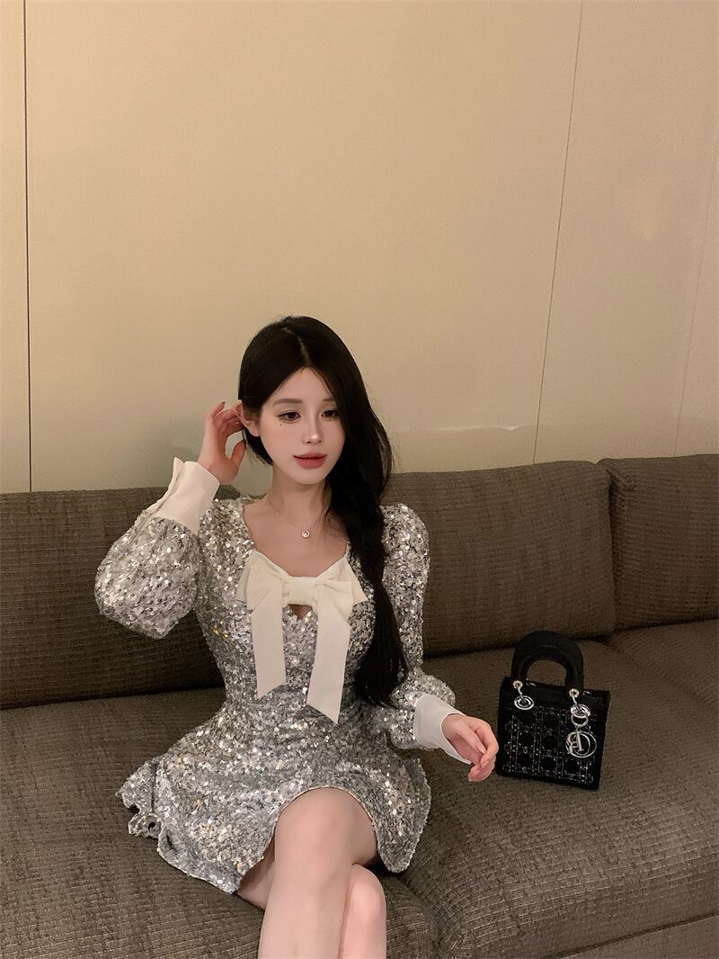 【dress】スパンコールリボン付きワンピース　M28003