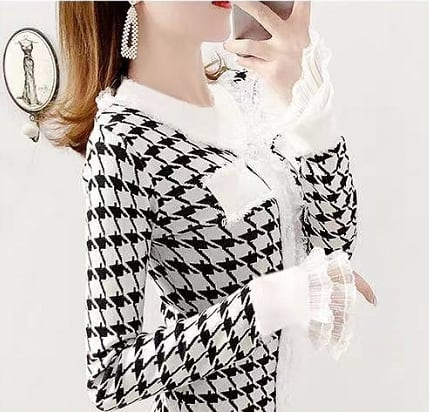 【dress】一目惚れ！レース切り替え体型カバー千鳥格子韓国ファッションタイト着やせワンピースF1388