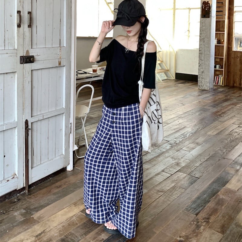 【set】Tシャツ×チェック柄パンツセット　M25040