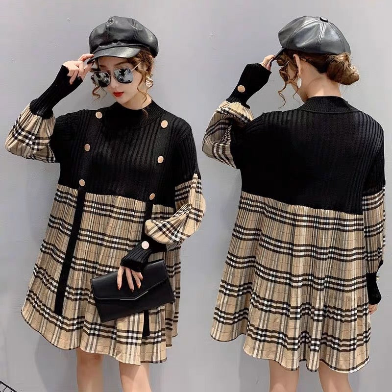 【dress】長袖切り替えチェック柄ワンピースF8136