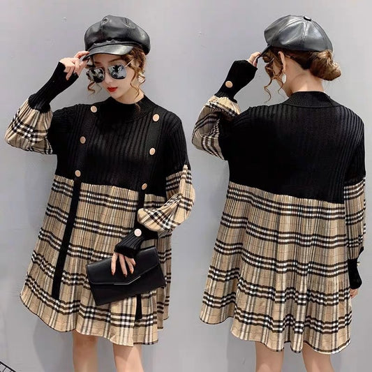 【dress】長袖切り替えチェック柄ワンピースF8136