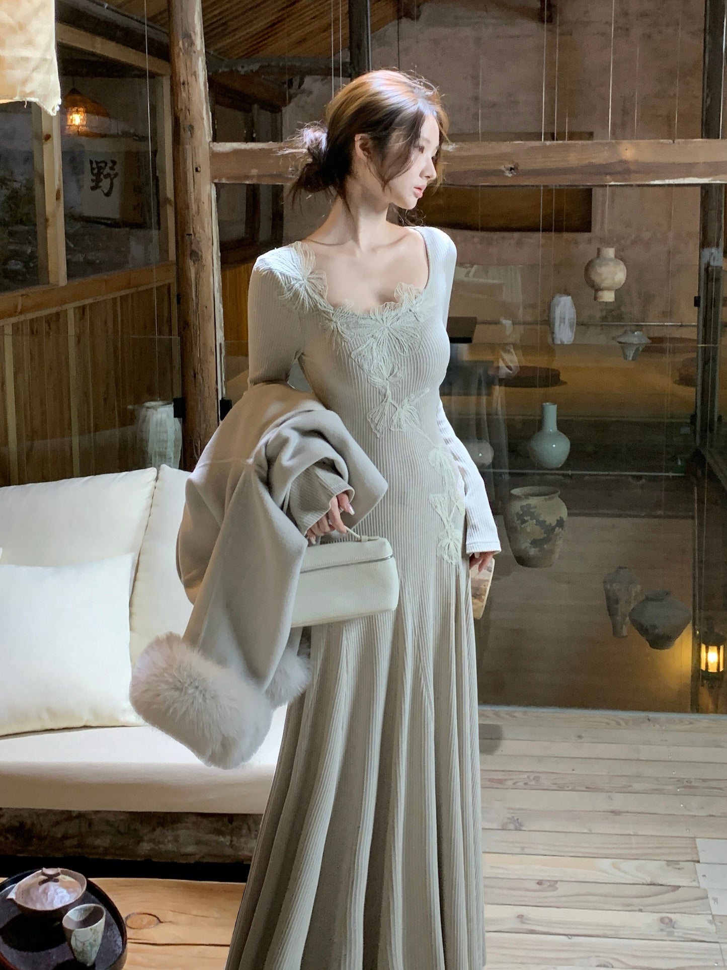 【dress】レーストリミングニットワンピース　N3465