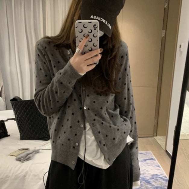 【outer】ドット柄ニットカーデ　M25596
