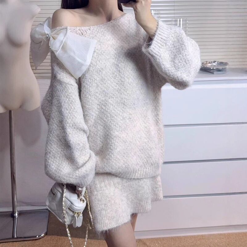【set】リボン付きニットトップス×ミニスカートセット Q7291