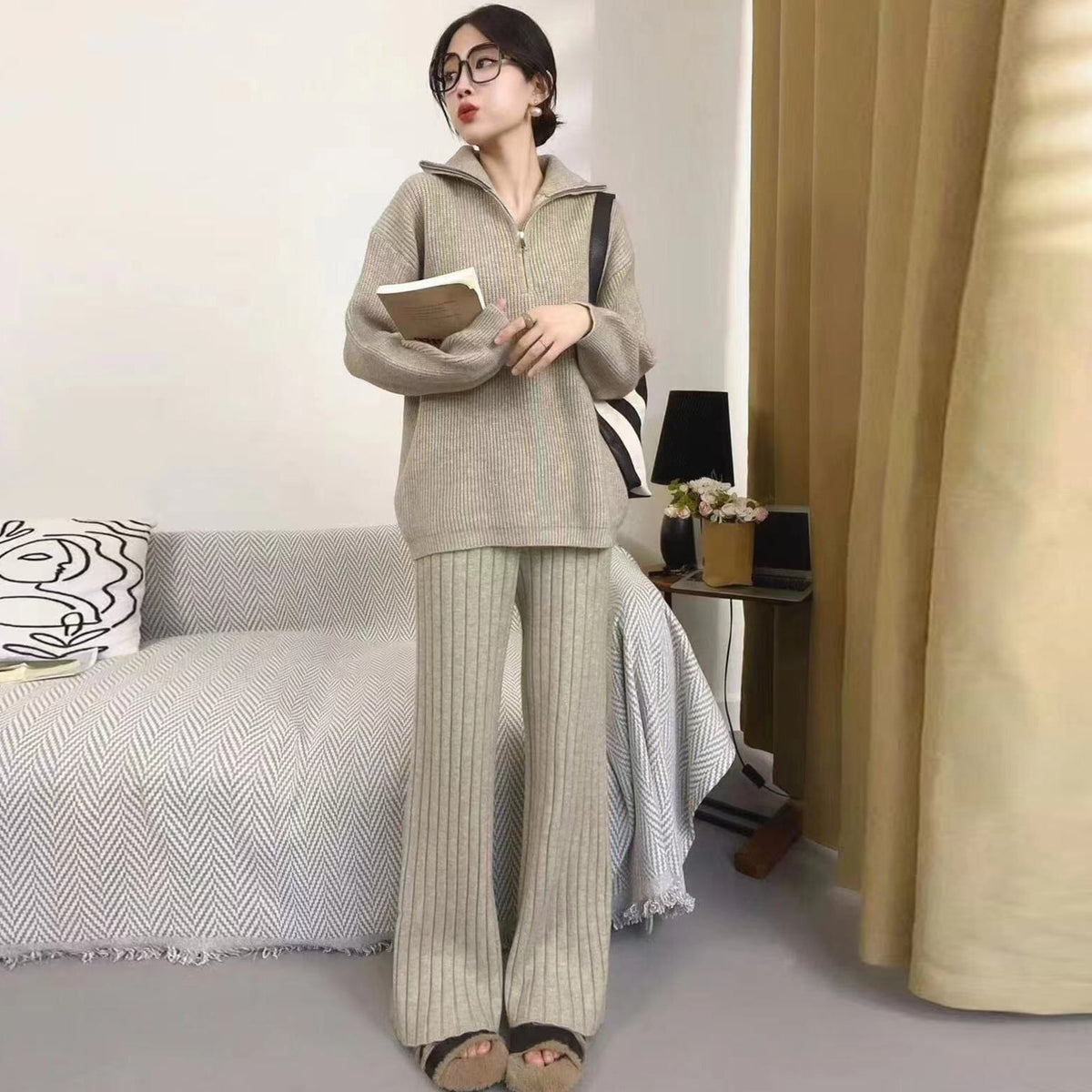 【set】ファスナーニットトップス+ワイドパンツセット　M26741