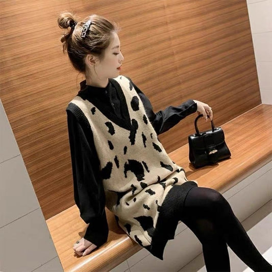 【set】好感度UP!気質満点レトロ秋冬ルーズニットベスト+長袖シャツ２点セット G3602