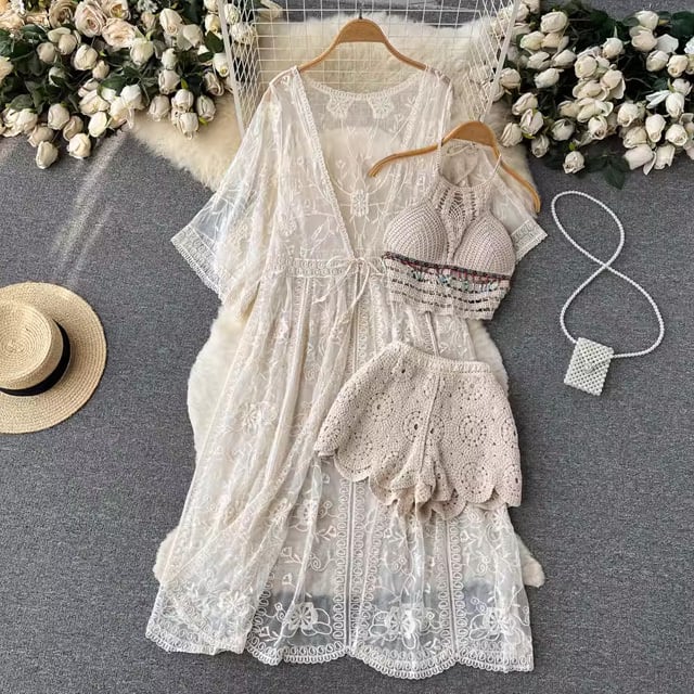 【set】レースカーディガン+キャミソール+ショートパンツ3点セットF7519