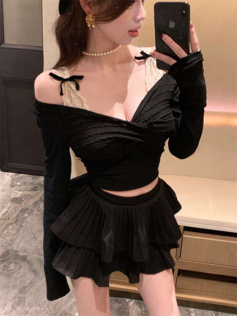 【tops】Vネックレース切り替えトップス　M27645
