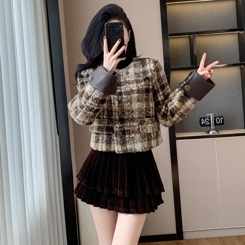 【set】チェック柄ショートコート×スカートセット　M27688