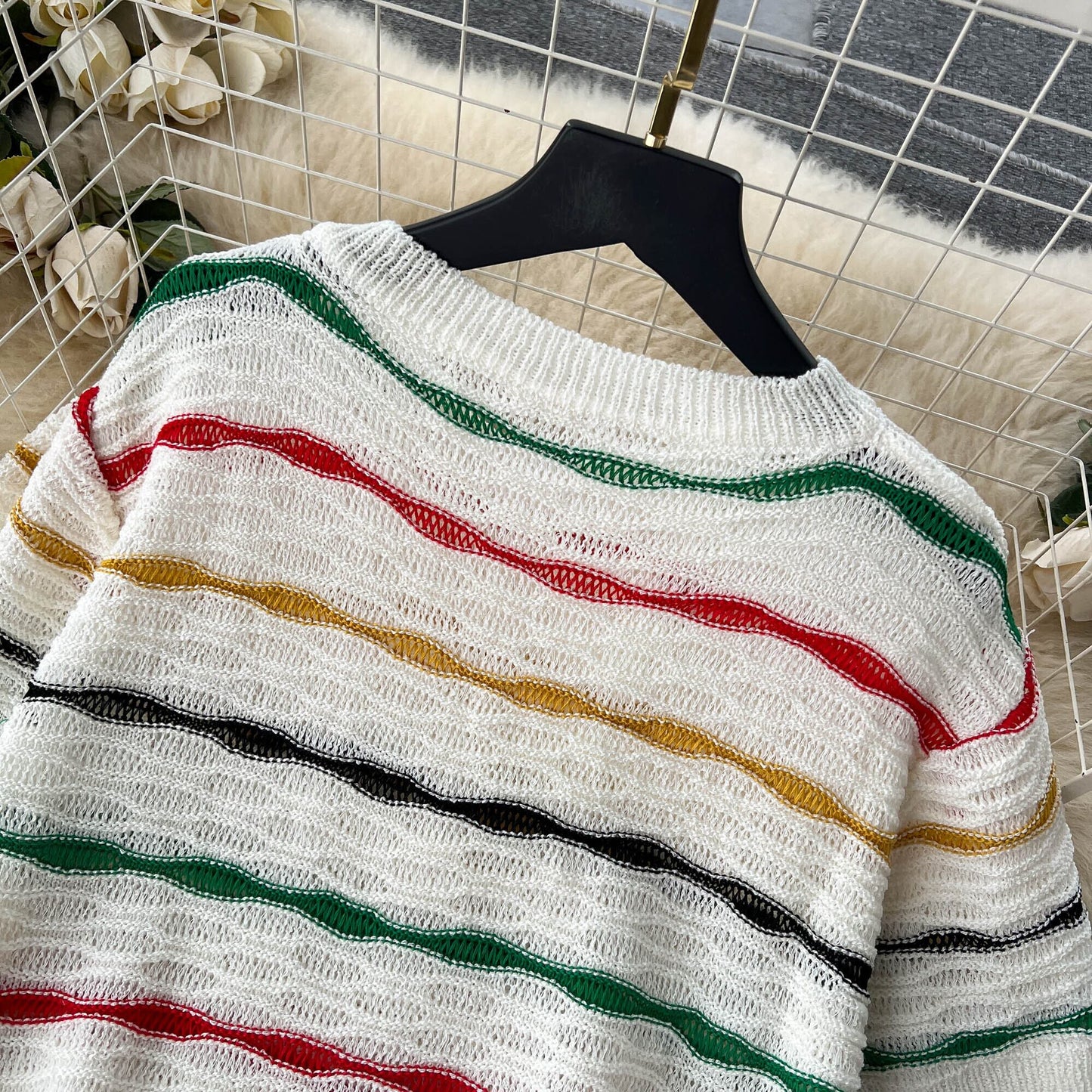 【set】ストライプ柄ニットトップス+スカート２点セットG20661