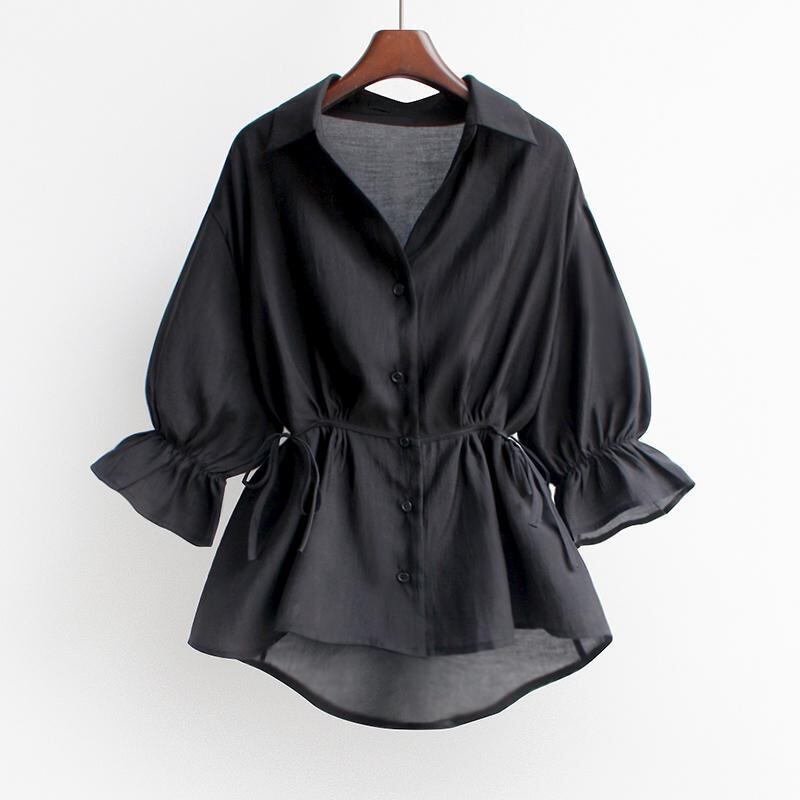 【tops】Vネック美人度アップ!韓国系夏ルーズスウィートフリルシフォンシャツ