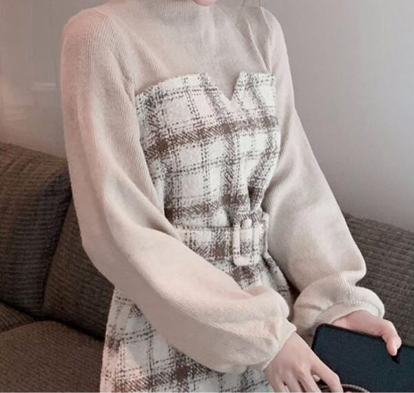 【dress】店長推薦韓国ファッション長袖ラウンドネック切り替えチェック柄ワンピースF0784