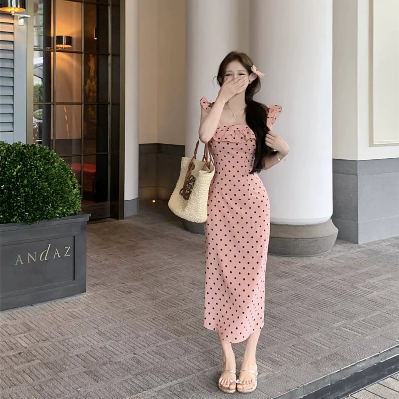 【dress】ギャザーフリルドット柄ロングワンピース Q8509